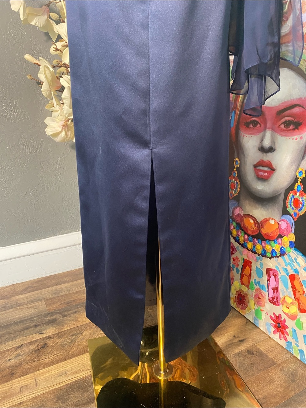 Michaelangelo Navy One Shoulder Formal Gown Cape Sleeve Prom Evening Dress - Picture 9 of 10